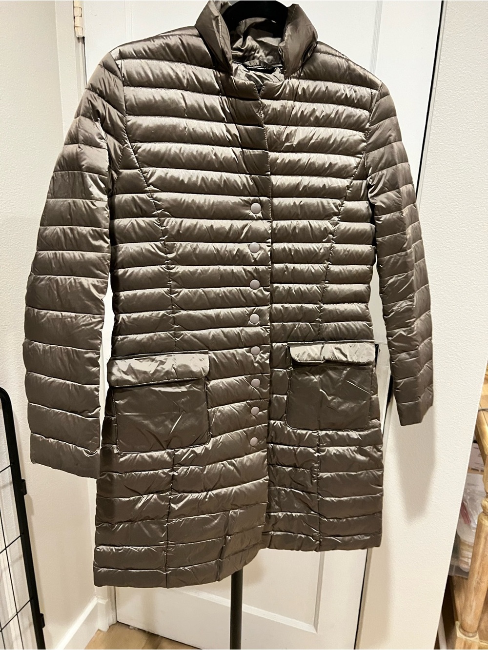 Ellen Tracy Quilted Long Puffer Coat in Bronze-Taupe